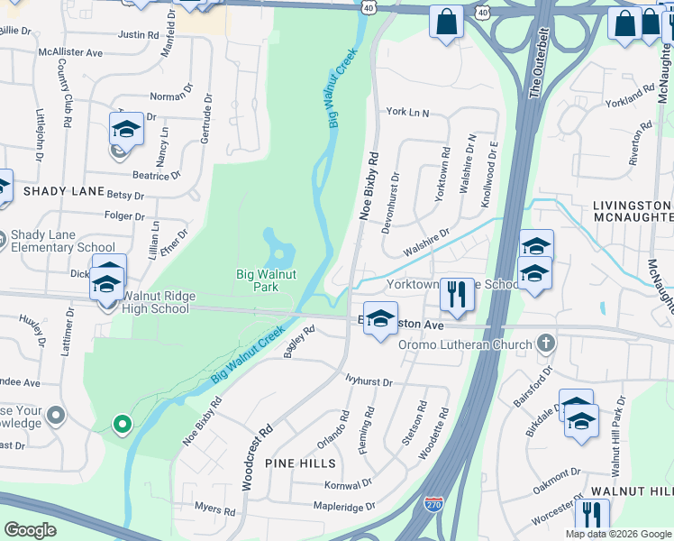 map of restaurants, bars, coffee shops, grocery stores, and more near 1640 Coppertree Lane in Columbus