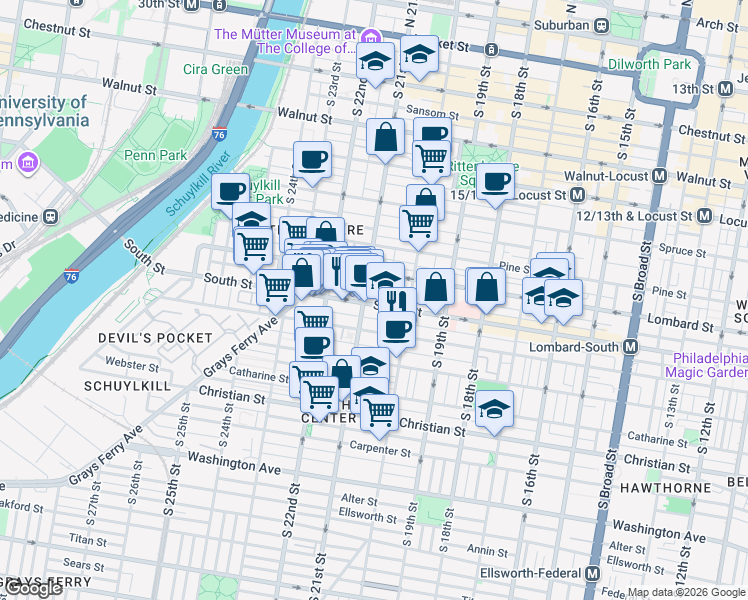 map of restaurants, bars, coffee shops, grocery stores, and more near 2112 South Street in Philadelphia