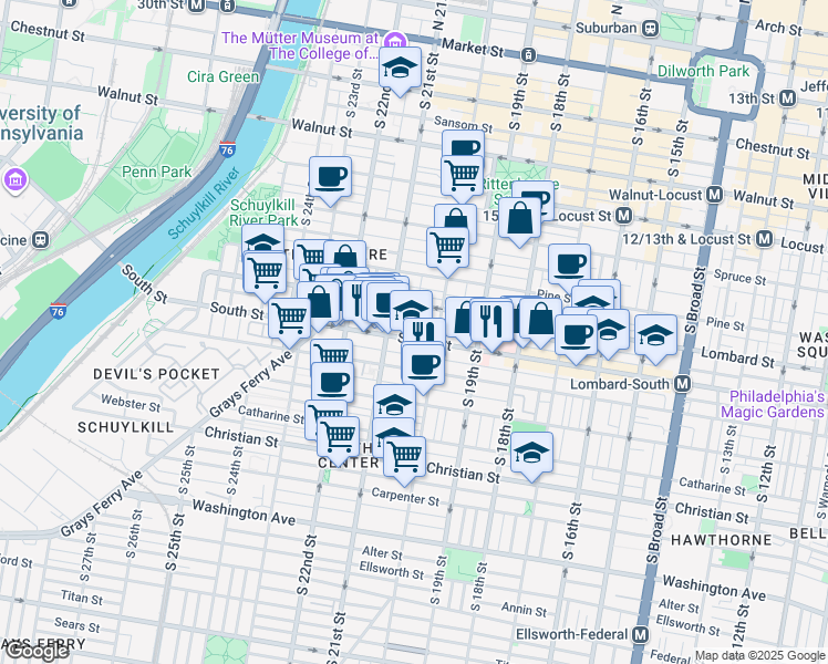 map of restaurants, bars, coffee shops, grocery stores, and more near 2031 South Street in Philadelphia