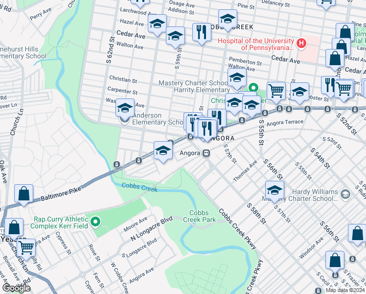 map of restaurants, bars, coffee shops, grocery stores, and more near 5821 Cedarhurst Street in Philadelphia