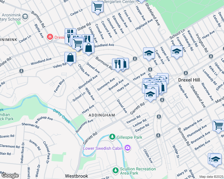 map of restaurants, bars, coffee shops, grocery stores, and more near 4034 Bonsall Avenue in Drexel Hill