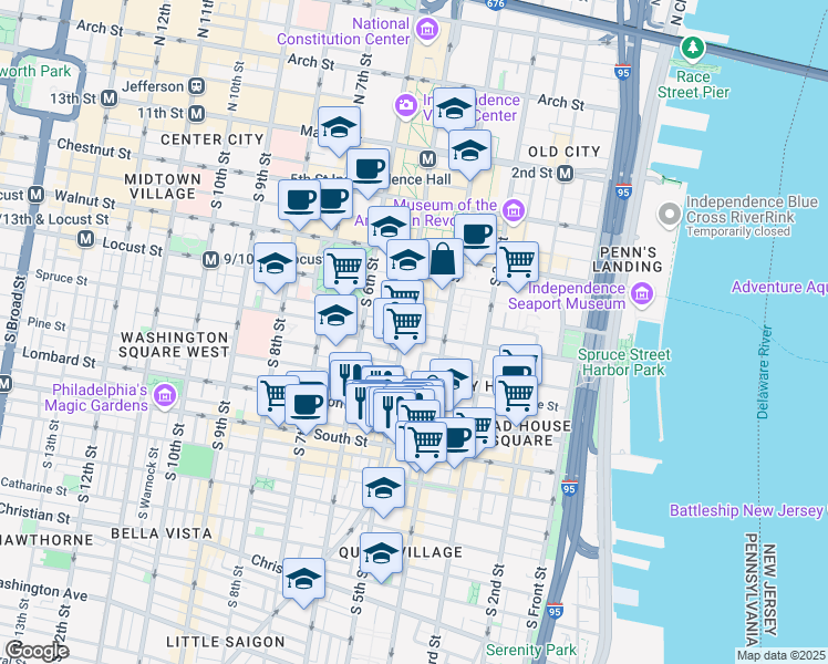 map of restaurants, bars, coffee shops, grocery stores, and more near 431 Spruce Street in Philadelphia