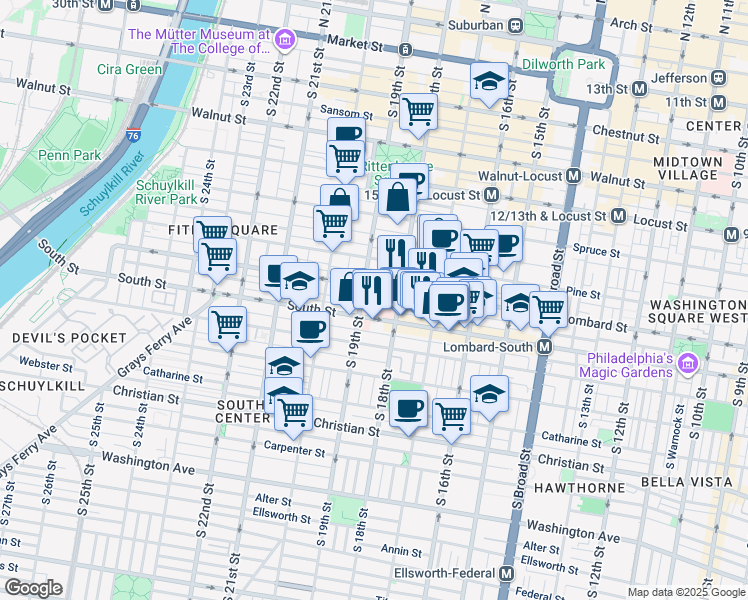 map of restaurants, bars, coffee shops, grocery stores, and more near 1830 Lombard Street in Philadelphia