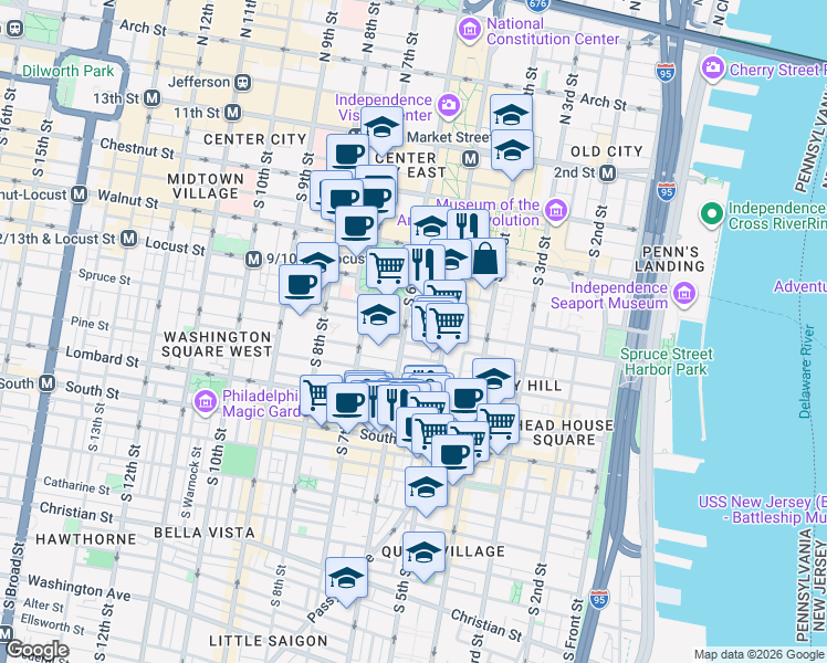 map of restaurants, bars, coffee shops, grocery stores, and more near 532 Spruce Street in Philadelphia