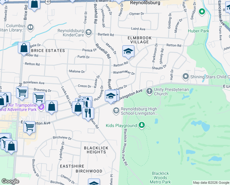 map of restaurants, bars, coffee shops, grocery stores, and more near 6691 Gilette Drive in Reynoldsburg