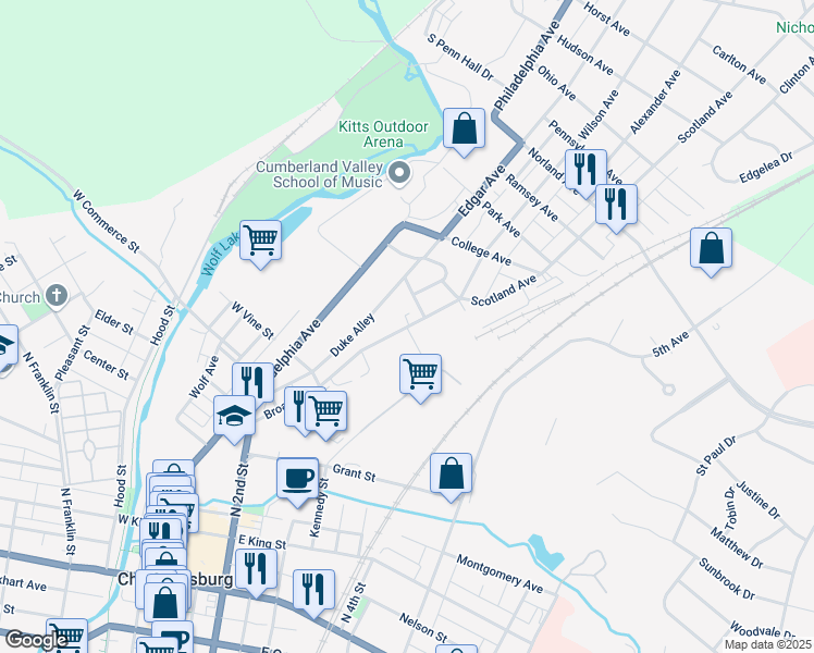 map of restaurants, bars, coffee shops, grocery stores, and more near 800 Broad Street in Chambersburg