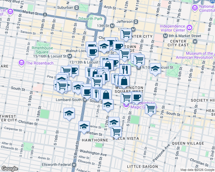 map of restaurants, bars, coffee shops, grocery stores, and more near Pine Street & South Camac Street in Philadelphia