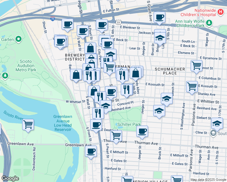 map of restaurants, bars, coffee shops, grocery stores, and more near 844 South 3rd Street in Columbus