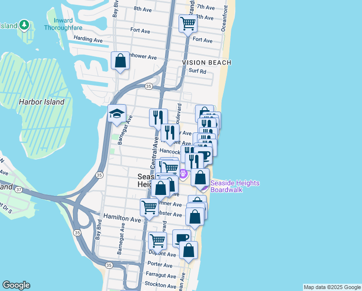 map of restaurants, bars, coffee shops, grocery stores, and more near in Seaside Heights