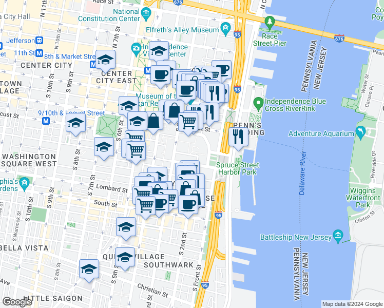 map of restaurants, bars, coffee shops, grocery stores, and more near 230 Locust Street in Philadelphia