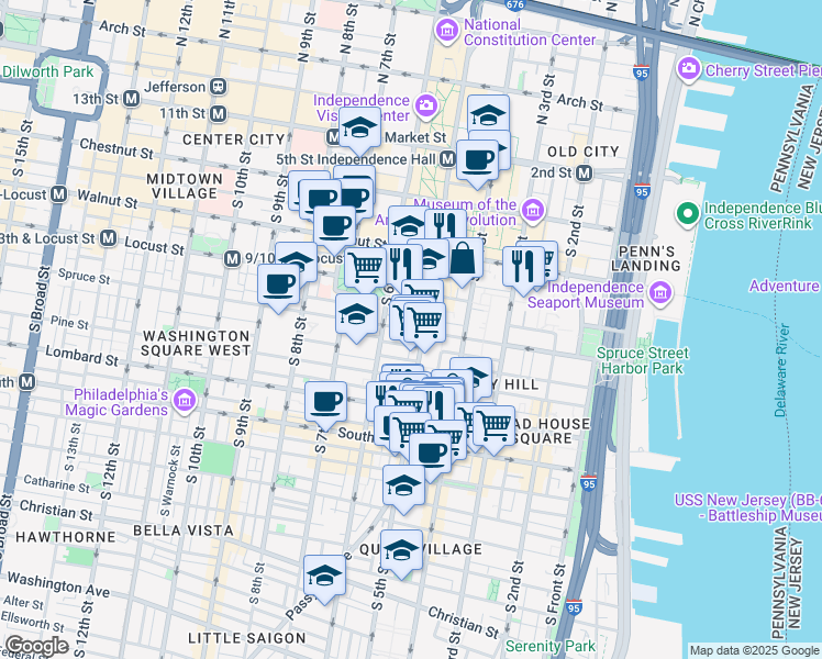 map of restaurants, bars, coffee shops, grocery stores, and more near in Philadelphia