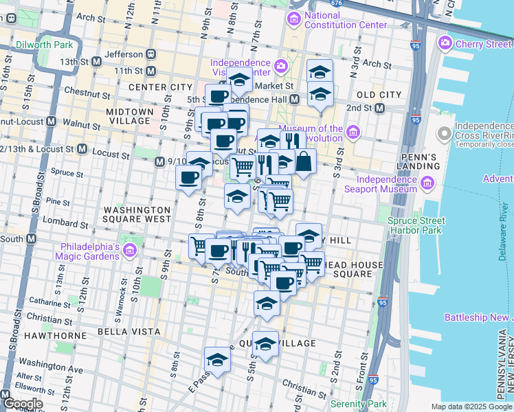 map of restaurants, bars, coffee shops, grocery stores, and more near 311-13 South 6th Street in Philadelphia