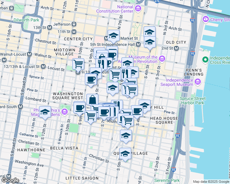 map of restaurants, bars, coffee shops, grocery stores, and more near 636 Cypress Street in Philadelphia