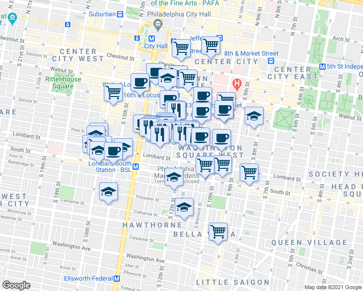map of restaurants, bars, coffee shops, grocery stores, and more near 1214 Pine Street in Philadelphia