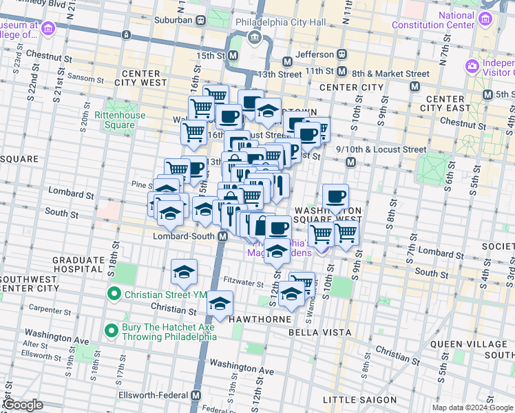 map of restaurants, bars, coffee shops, grocery stores, and more near 1310 Waverly Street in Philadelphia