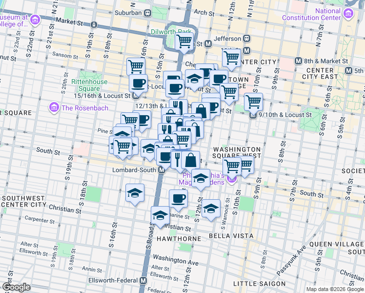 map of restaurants, bars, coffee shops, grocery stores, and more near 1310 Waverly Street in Philadelphia