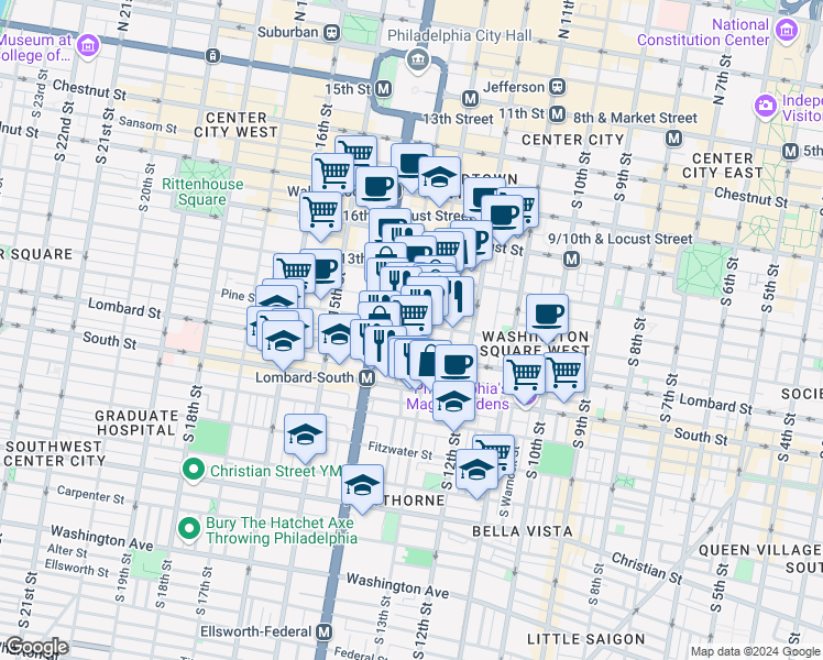 map of restaurants, bars, coffee shops, grocery stores, and more near 1320 Pine Street in Philadelphia