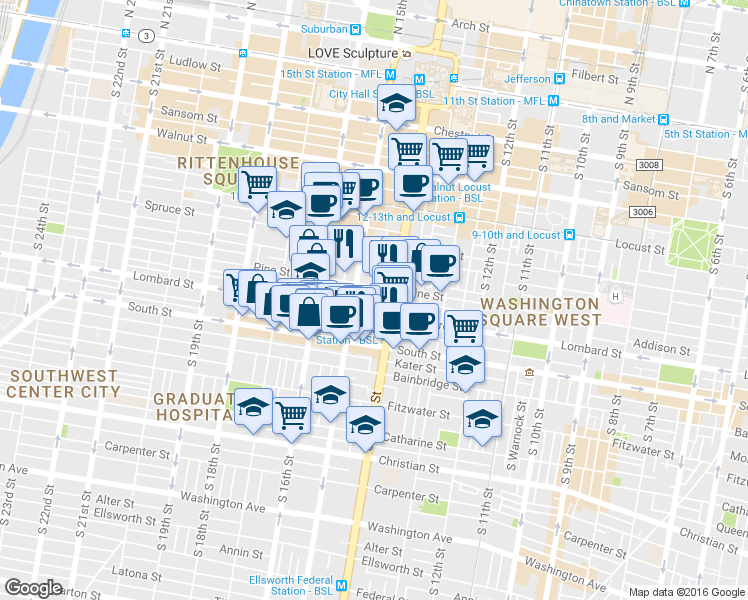 map of restaurants, bars, coffee shops, grocery stores, and more near 1431 Lombard Street in Philadelphia