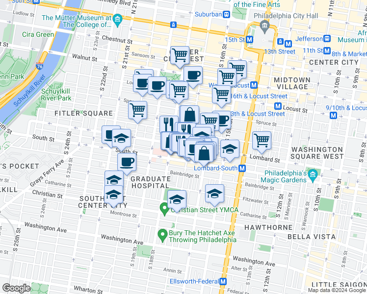 map of restaurants, bars, coffee shops, grocery stores, and more near in Philadelphia