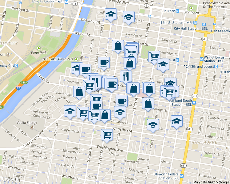 map of restaurants, bars, coffee shops, grocery stores, and more near 2112 South Street in Philadelphia