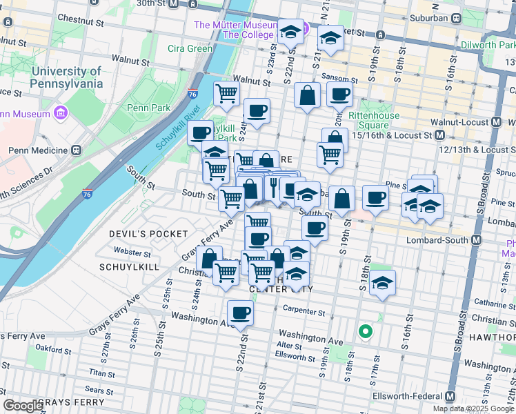 map of restaurants, bars, coffee shops, grocery stores, and more near in Philadelphia
