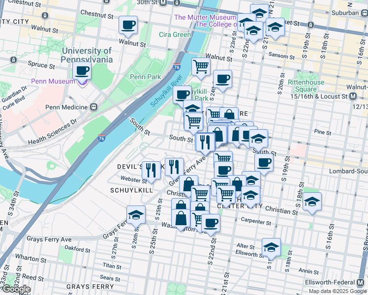 map of restaurants, bars, coffee shops, grocery stores, and more near 625 South Bambrey Street in Philadelphia