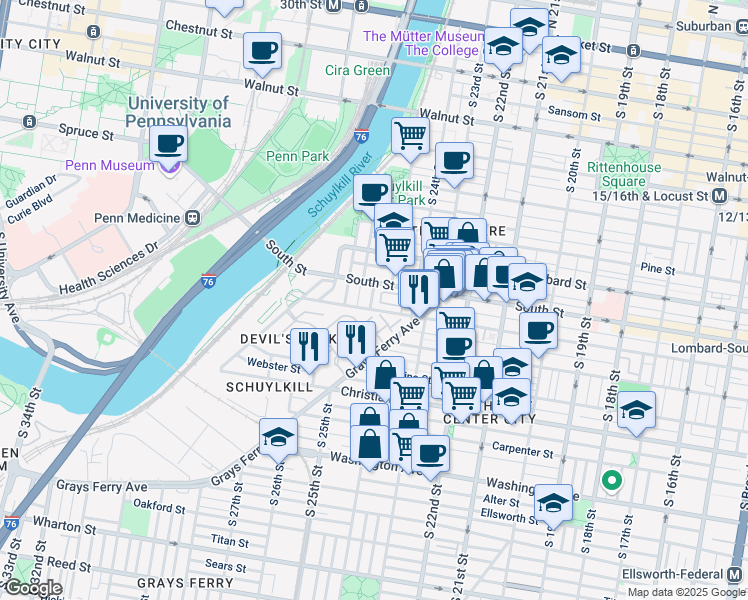 map of restaurants, bars, coffee shops, grocery stores, and more near 617 South Bambrey Street in Philadelphia