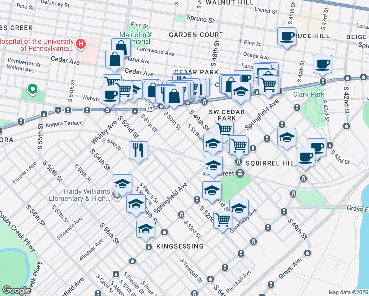map of restaurants, bars, coffee shops, grocery stores, and more near 5016 Warrington Avenue in Philadelphia
