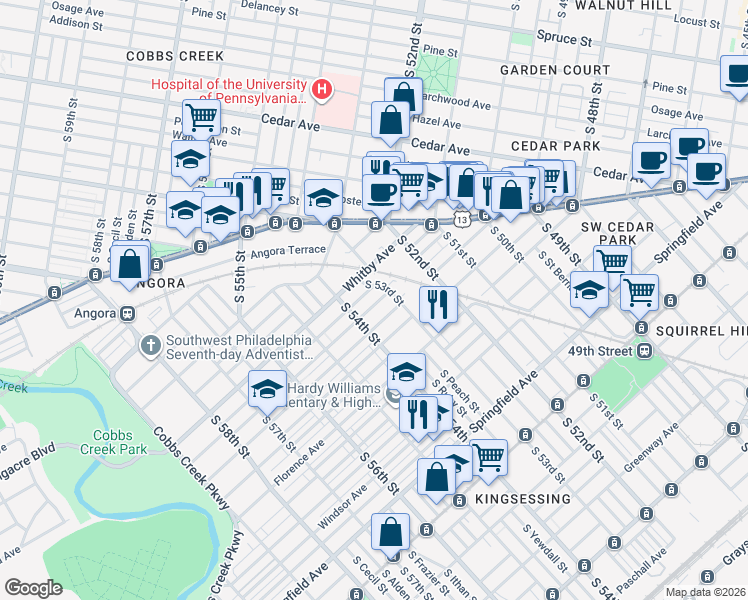 map of restaurants, bars, coffee shops, grocery stores, and more near 5330 Hadfield Street in Philadelphia