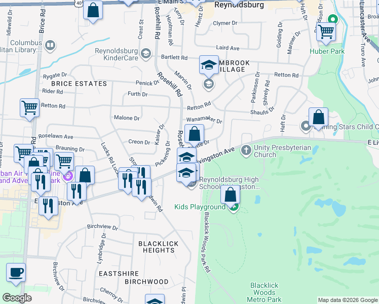 map of restaurants, bars, coffee shops, grocery stores, and more near 6691 Gilette Drive in Reynoldsburg
