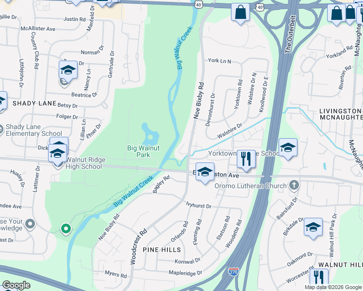 map of restaurants, bars, coffee shops, grocery stores, and more near 1640 Coppertree Lane in Columbus