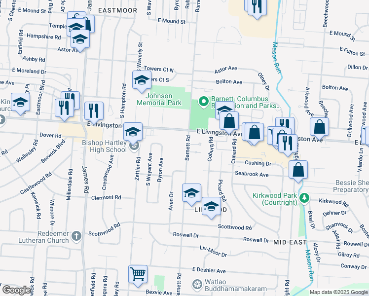 map of restaurants, bars, coffee shops, grocery stores, and more near 1315 Barnett Road in Columbus