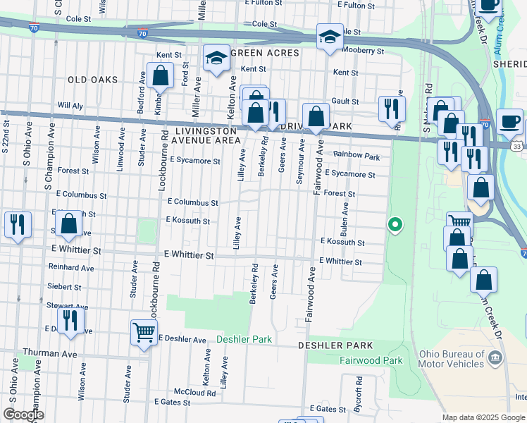 map of restaurants, bars, coffee shops, grocery stores, and more near 1058 Berkeley Road in Columbus