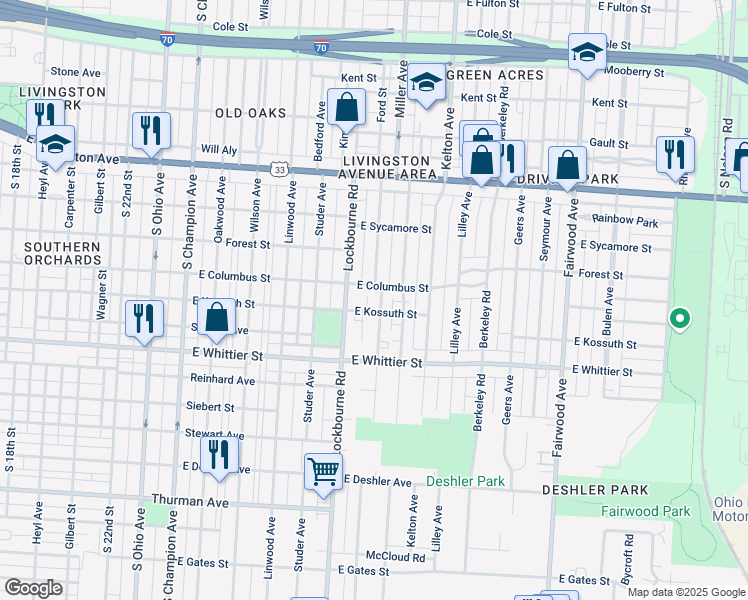 map of restaurants, bars, coffee shops, grocery stores, and more near 1036 Miller Avenue in Columbus