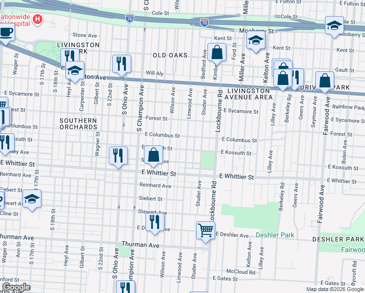 map of restaurants, bars, coffee shops, grocery stores, and more near 1019 Linwood Avenue in Columbus