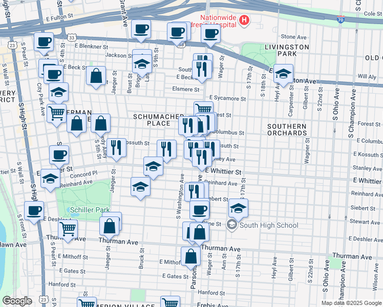 map of restaurants, bars, coffee shops, grocery stores, and more near 911 Parsons Avenue in Columbus