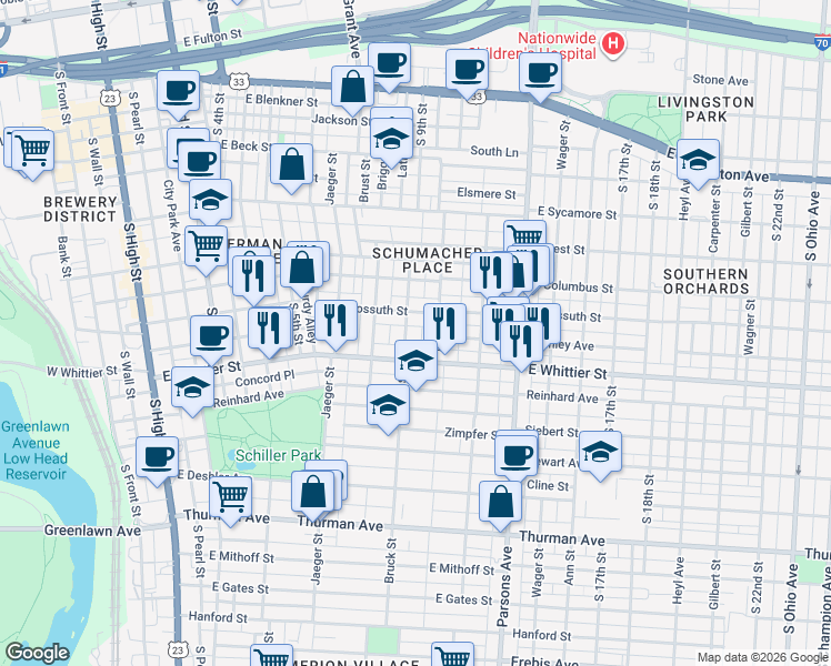 map of restaurants, bars, coffee shops, grocery stores, and more near 891 Bruck Street in Columbus