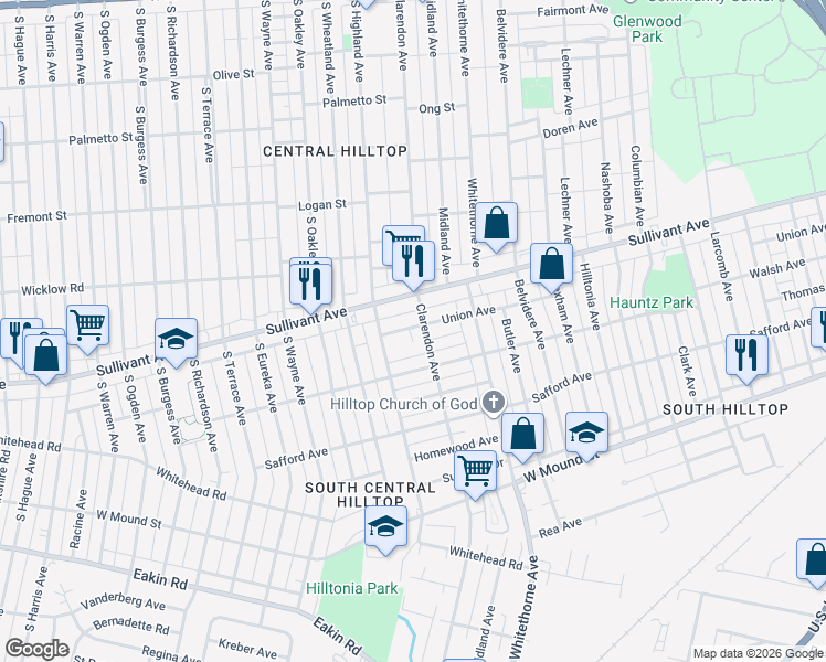 map of restaurants, bars, coffee shops, grocery stores, and more near 515 Clarendon Avenue in Columbus