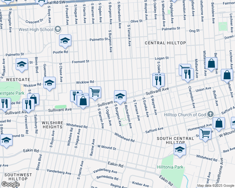 map of restaurants, bars, coffee shops, grocery stores, and more near 491 South Burgess Avenue in Columbus
