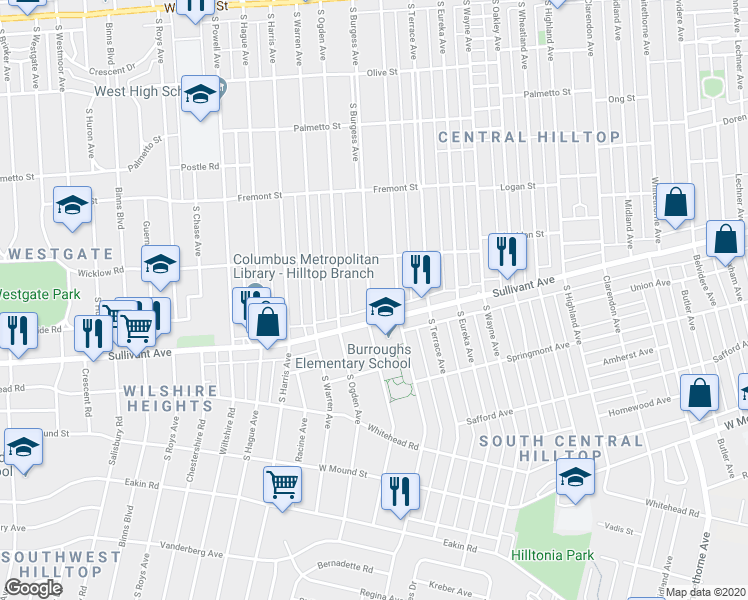 map of restaurants, bars, coffee shops, grocery stores, and more near 491 South Burgess Avenue in Columbus