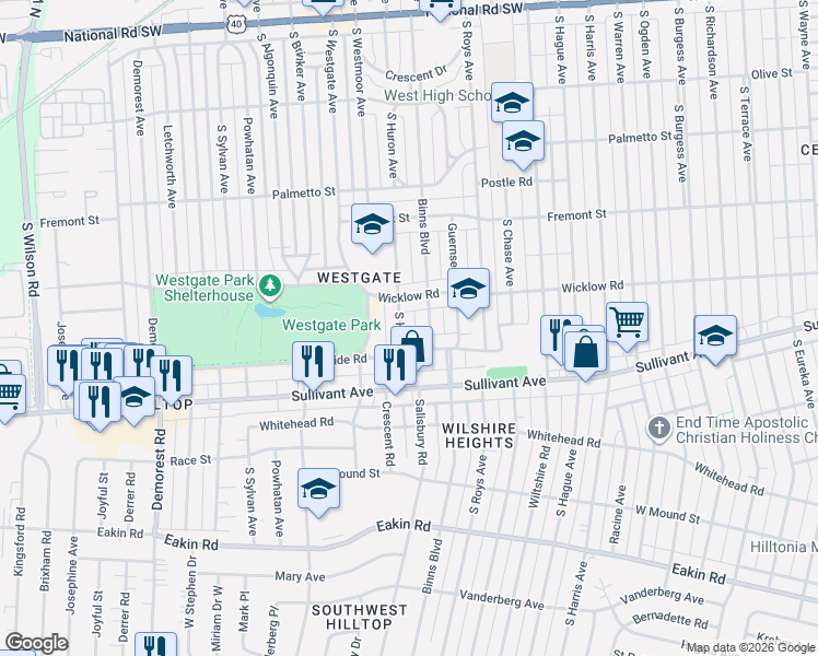 map of restaurants, bars, coffee shops, grocery stores, and more near 461 South Huron Avenue in Columbus