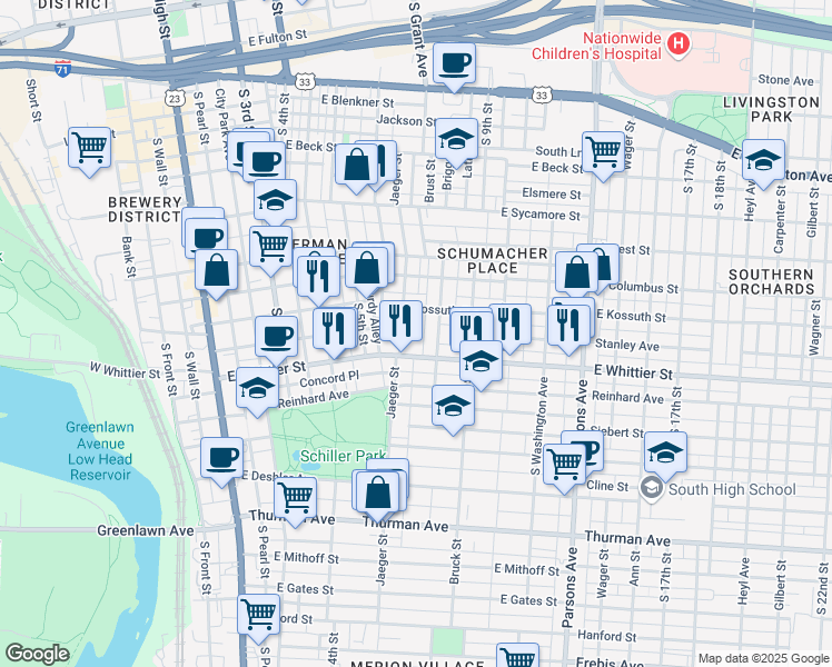 map of restaurants, bars, coffee shops, grocery stores, and more near 885 Ebner Street in Columbus