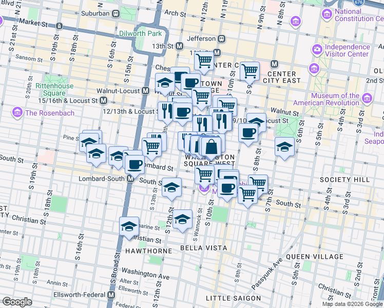 map of restaurants, bars, coffee shops, grocery stores, and more near in Philadelphia