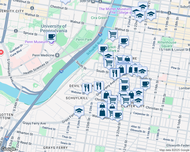 map of restaurants, bars, coffee shops, grocery stores, and more near 2621 Bainbridge Street in Philadelphia