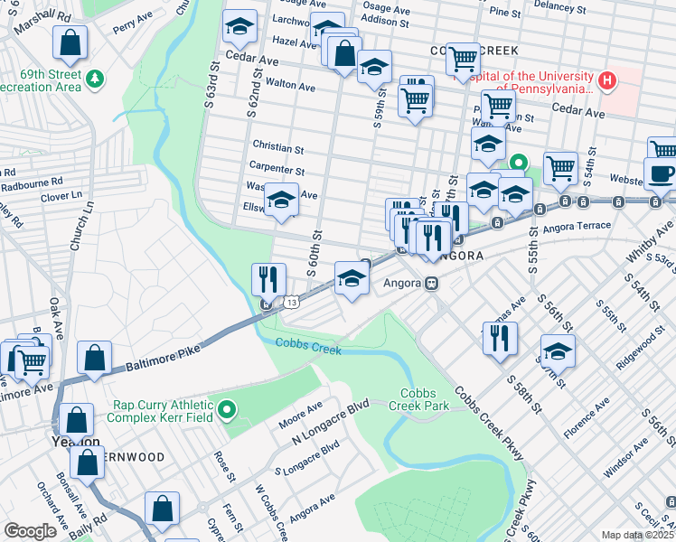 map of restaurants, bars, coffee shops, grocery stores, and more near 5918 Latona Street in Philadelphia