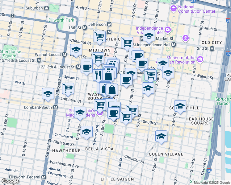 map of restaurants, bars, coffee shops, grocery stores, and more near 913 Clinton Street in Philadelphia