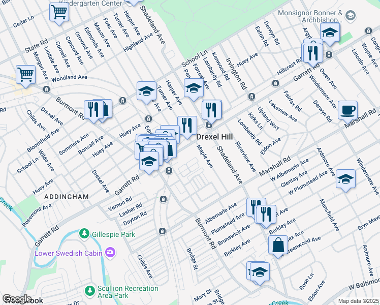 map of restaurants, bars, coffee shops, grocery stores, and more near 3420 Garrett Road in Upper Darby