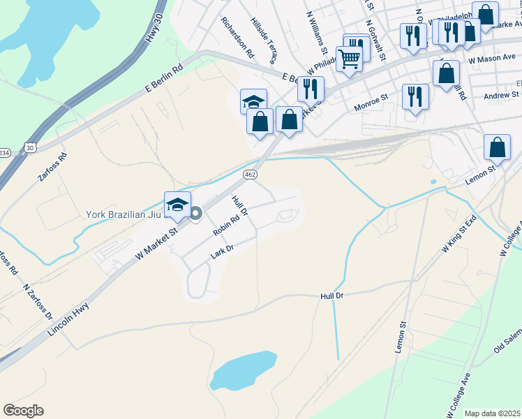 map of restaurants, bars, coffee shops, grocery stores, and more near 2972 Robin Road in York