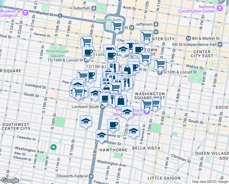 map of restaurants, bars, coffee shops, grocery stores, and more near 1324 Pine Street in Philadelphia