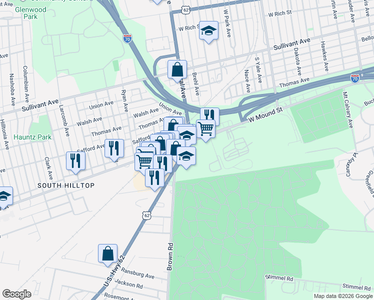 map of restaurants, bars, coffee shops, grocery stores, and more near 618 Harrisburg Pike in Columbus
